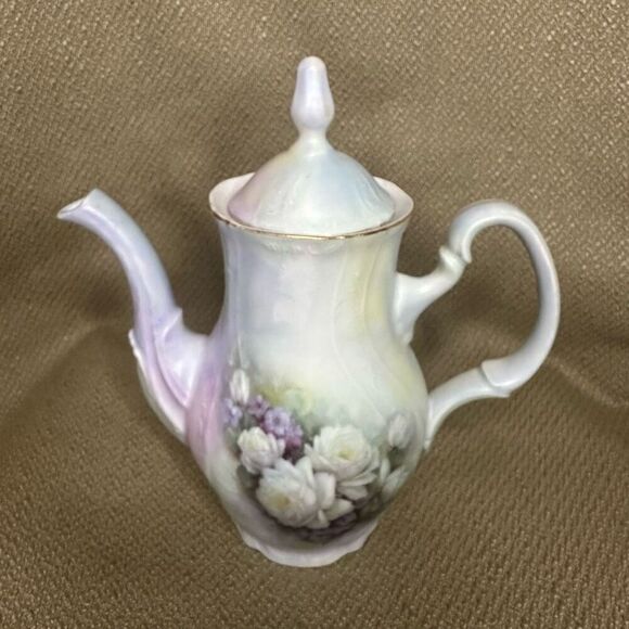 Vintage Bernadotte Porcelain Coffee Tea Pot Czech Republic Purple Roses 7.5” - Picture 5 of 11